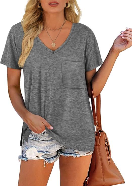 Dofaoo Women's V Neck Short Sleeve T-Shirts Side Split Pocket Summer Tee Tops | Amazon (US)