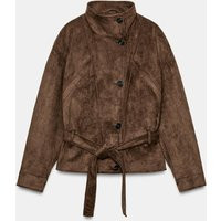 Zara - Faux Suede Belted Jacket - Dark Brown - L - Woman | Zara US