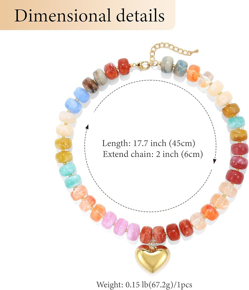 Chunky Heart Necklace for Women, Colorful Acrylic Beaded Statement Puff Heart Necklace, Cute Boho... | Amazon (US)