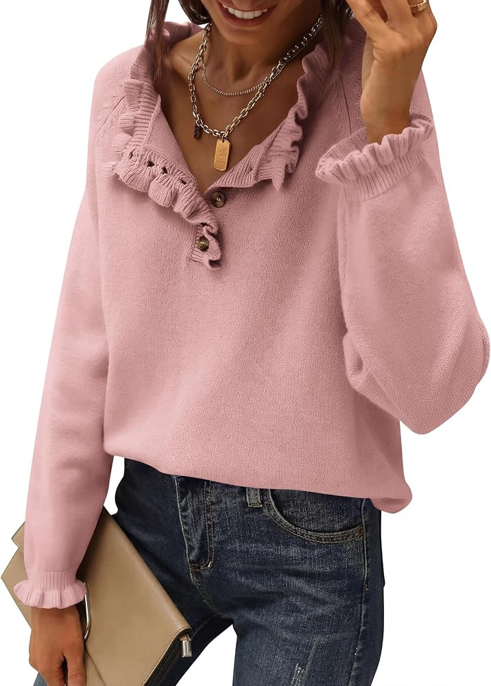 BTFBM Womens Loose Ruffle Burtton Down Fall Sweaters 2026 Business Casual | Amazon (US)