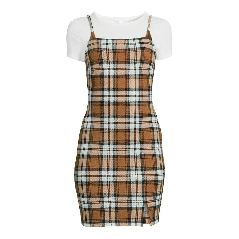 No Boundaries Juniors' Plaid Dress and Ribbed T-Shirt, 2-Piece Set - Walmart.com | Walmart (US)