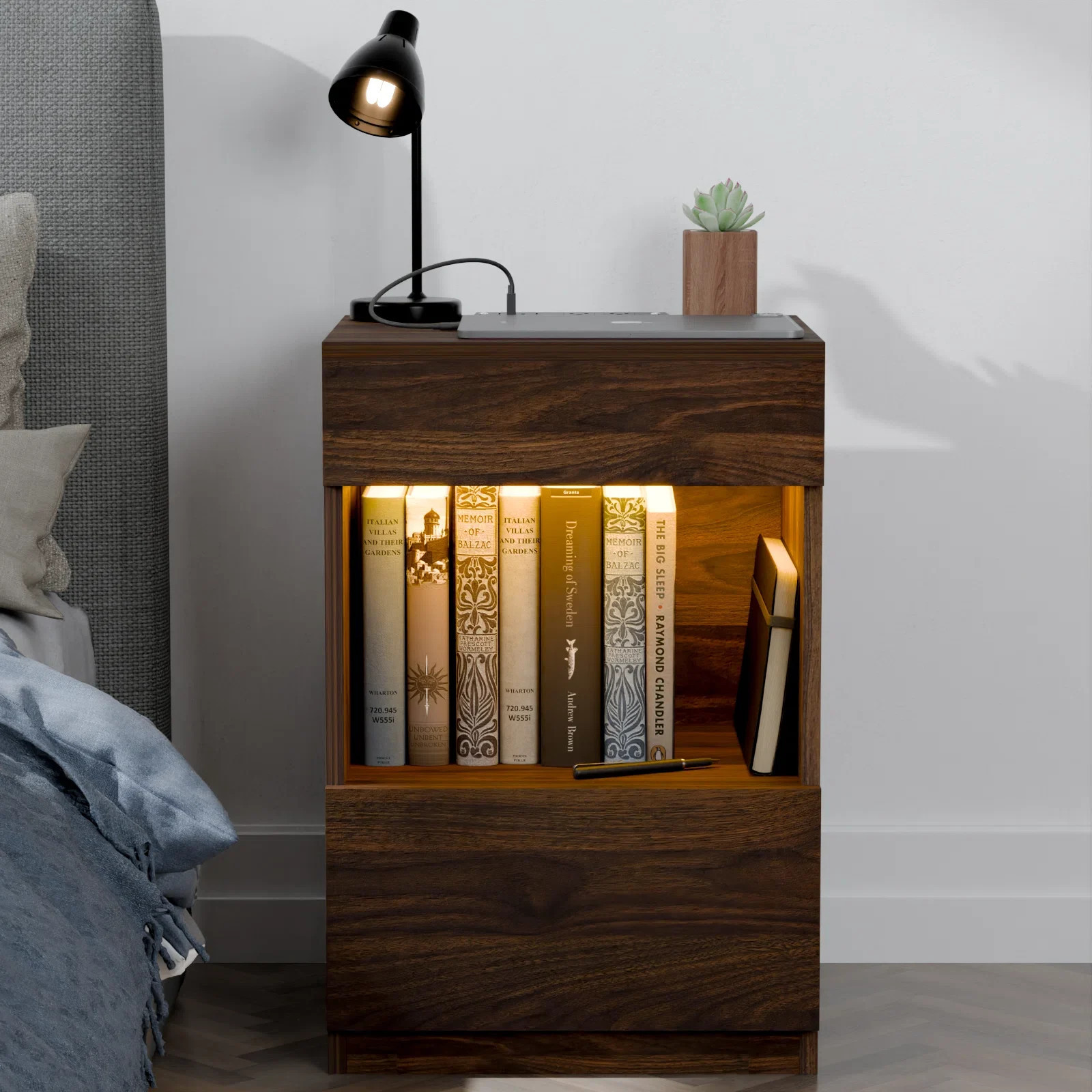 Breslyn Manufactured Wood Nightstand with Charging Station, LED Light and Shelf | Wayfair North America