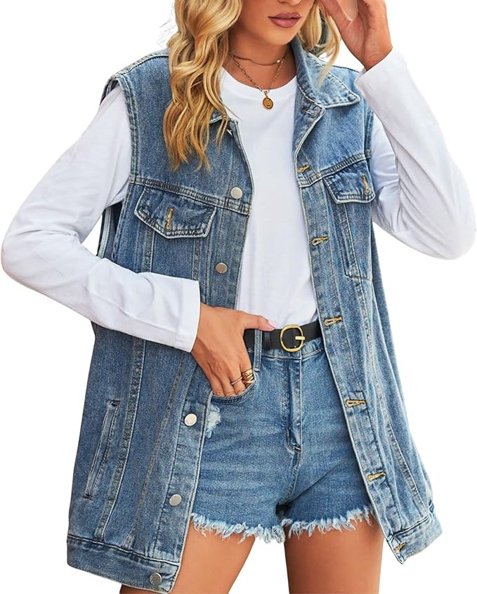FindThy Women’s Vintage Denim Jean Vest Oversized Button Down Jean Waistcoat Gilet | Amazon (US)