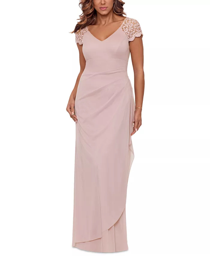 XSCAPE Lace-Sleeve Chiffon Gown - Macy's | Macy's