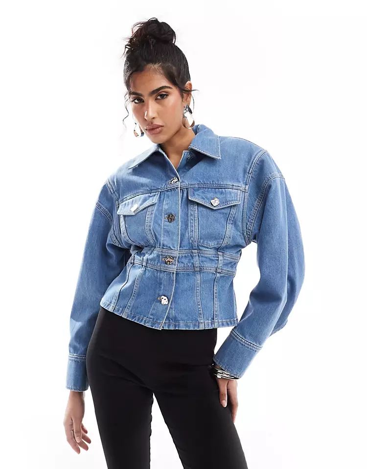 & Other Stories denim jacket with corset waist and extended shoulder in mid wash blue | ASOS | ASOS (Global)