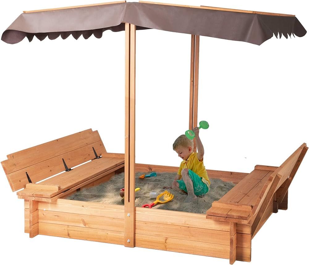 BIRASIL Wood Sandbox with Cover, Sand Box with 2 Bench Seats for Aged 3-8 Years Old, Sand Boxes for  | Amazon (US)