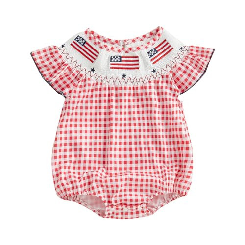 Rourufy 4th Of July Baby Girl Outfit Newborn Smocked Bubble Romper Infant USA Flag Bodysuit Top Summer Patriotic Clothes (A USA Flag Plaid Red, 6-12 Months) | Amazon (US)