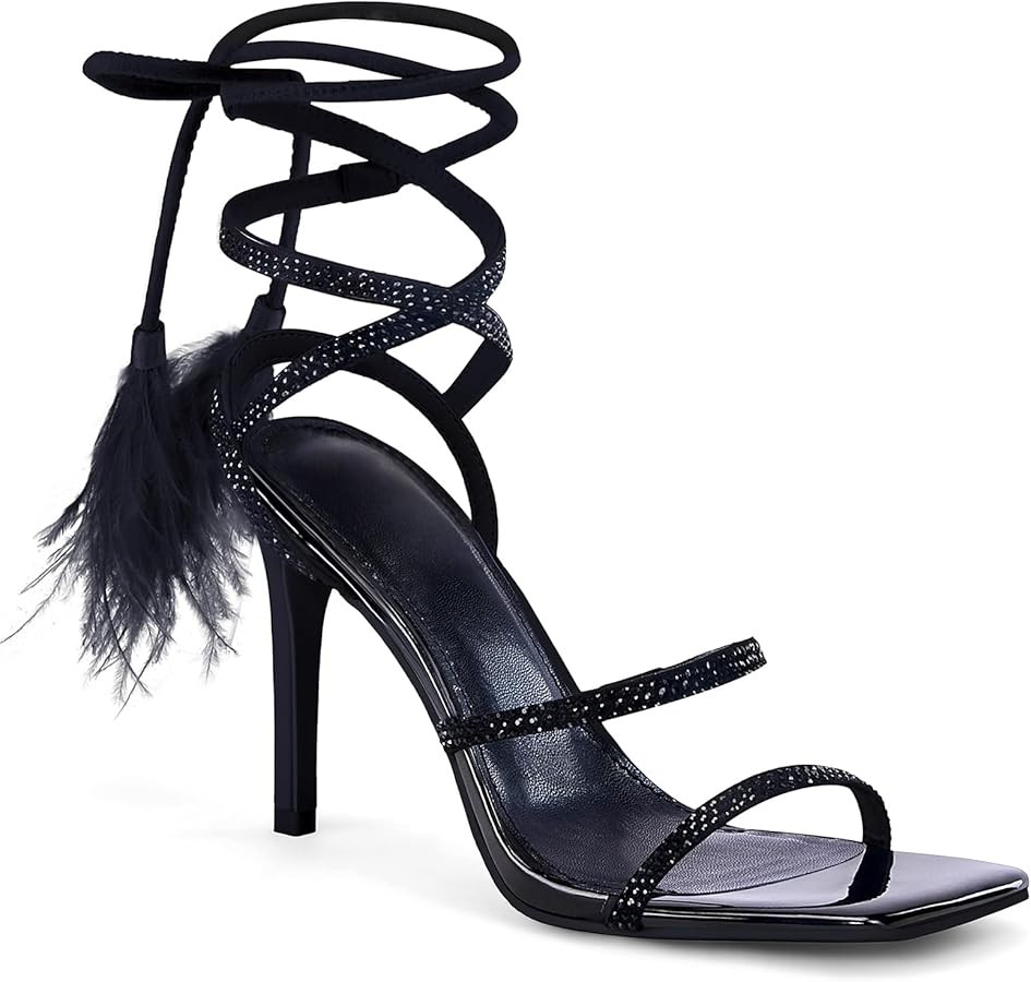 Coutgo Womens Strappy Heels Feather Rhinestone Sandals Lace up Sexy Stiletto Prom Dress Shoes | Amazon (US)