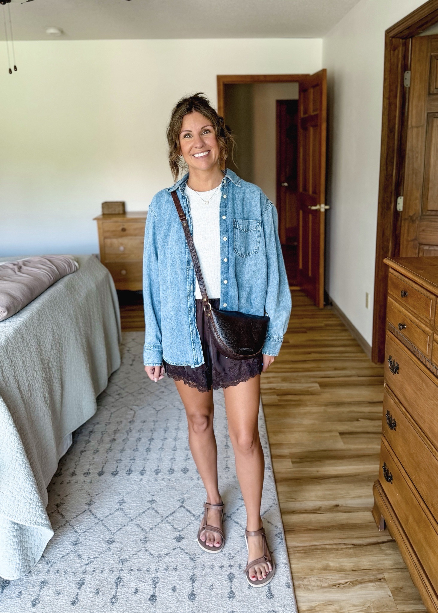Satin and lace shorts Fall outfit🤎

 small in the tee, xs in the denim button up and xs in the lace trim satin shorts (selling out—also linked similar). My teva sandals are size 6