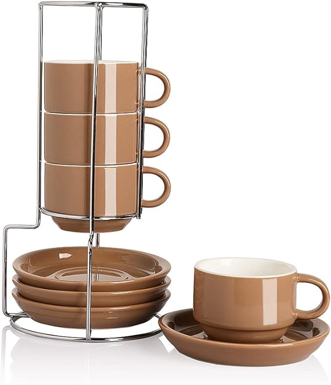 Sweejar Porcelain Espresso Cups with Saucers, 4 Ounce Stackable Cappuccino Cups with Metal Stand ... | Amazon (US)