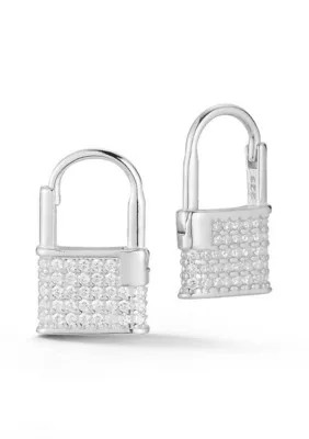 Sphera Milano Sterling Silver Pave Padlock Huggie Hoop Earrings | Belk