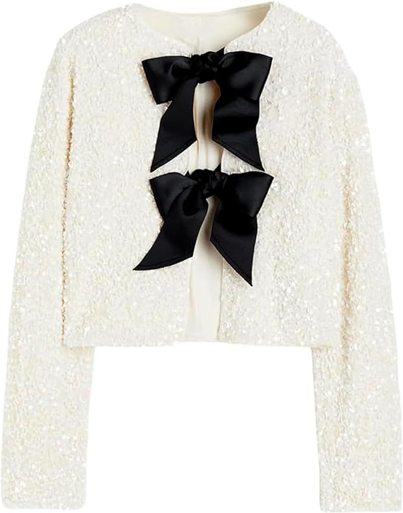 Women Tie-Front Sequined Jacket Long Sleeve Sparkling Cropped Top with Bow Party Concert Night | Amazon (US)