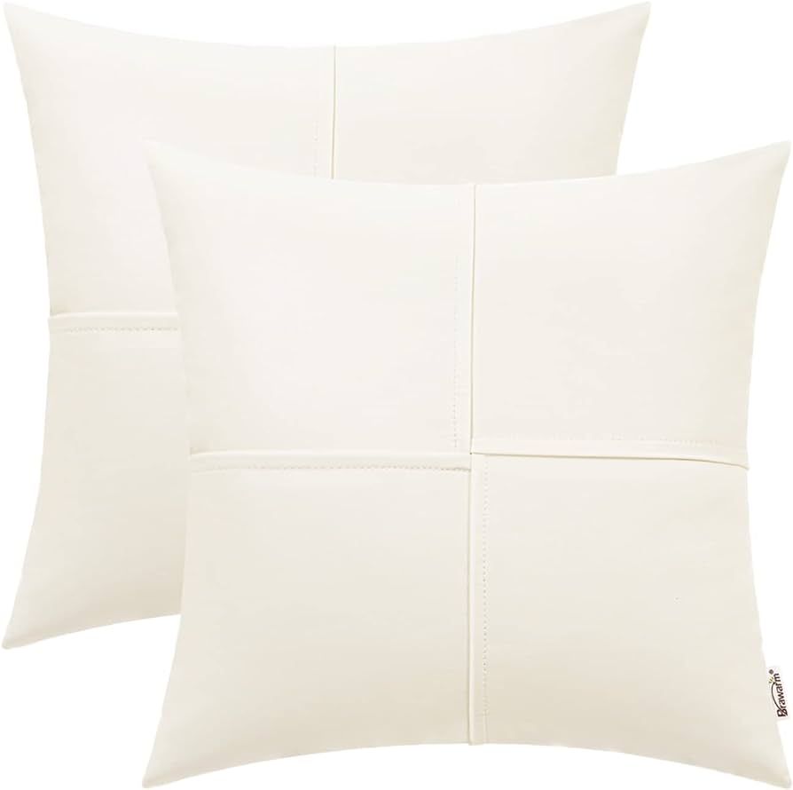 Brawarm Pack of 2 Cream Leather Throw Pillows 20 X 20 Inches, Cream Hand Stitching Faux Leather D... | Amazon (US)