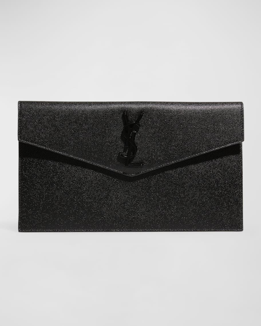 Saint Laurent Uptown YSL Pouch Wallet In Grain De Poudre Embossed Leather - Black Hardware | Neiman Marcus