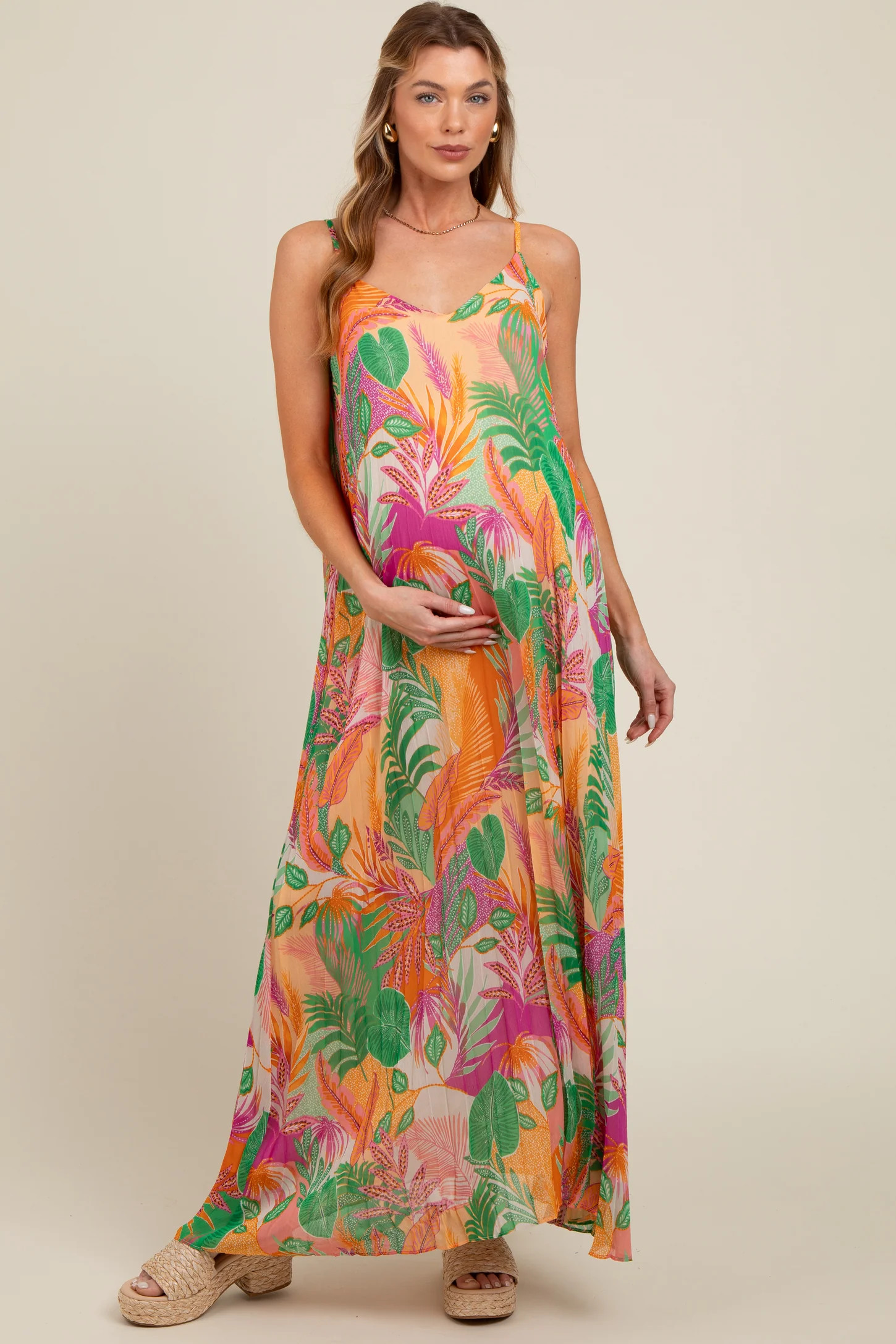 Green Multicolor Leaf Print Pleated Maternity Maxi Dress | PinkBlush Maternity