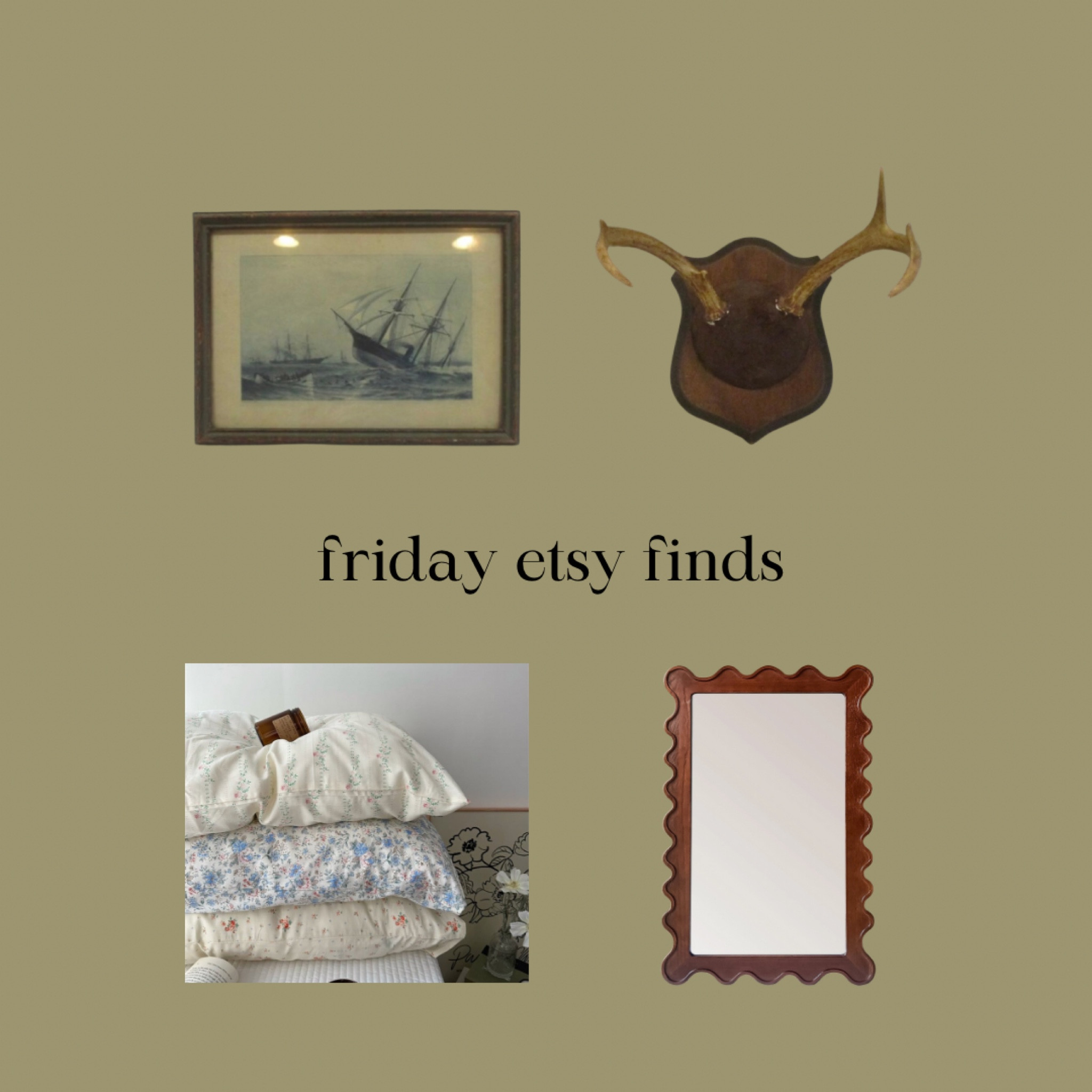 My Friday Etsy finds are a collection of new and vintage pieces. 

Pillowcases 
Mirror 
Scalloped mirror 
Vintage art 
Wall decor 
Home decor 


#LTKhome #LTKfindsunder100 #LTKfindsunder50