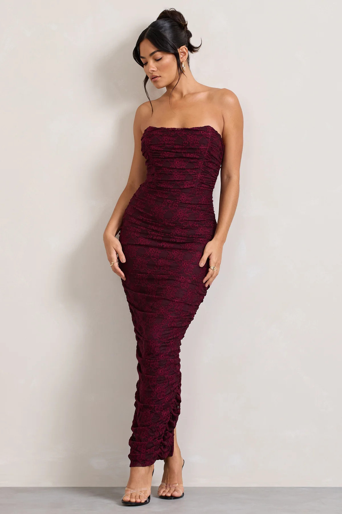 Paparazzi | Burgundy Ruched Lace Strapless Bandeau Maxi Dress | Club L London