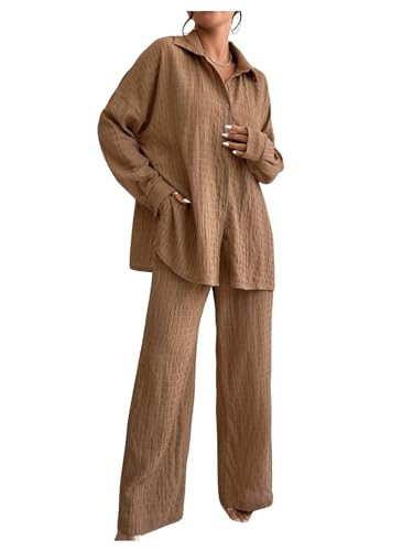 MakeMeChic Women's Two Piece Outfits Textured Collared Button Down Shirt and Wide Leg Pants Set Matching Set Brown XX-Small | Amazon (US)