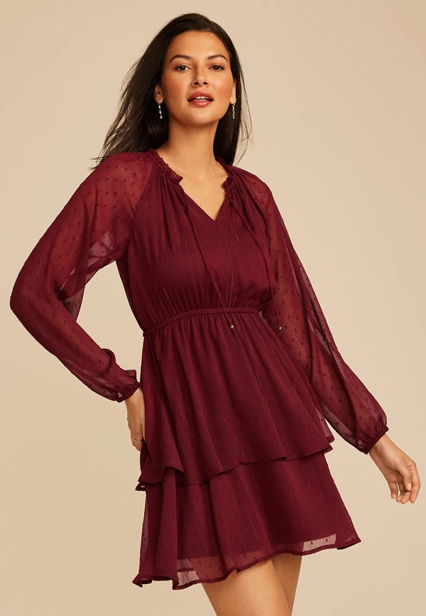 Burgundy Clip Dot Long Sleeve Mini Dress | Maurices
