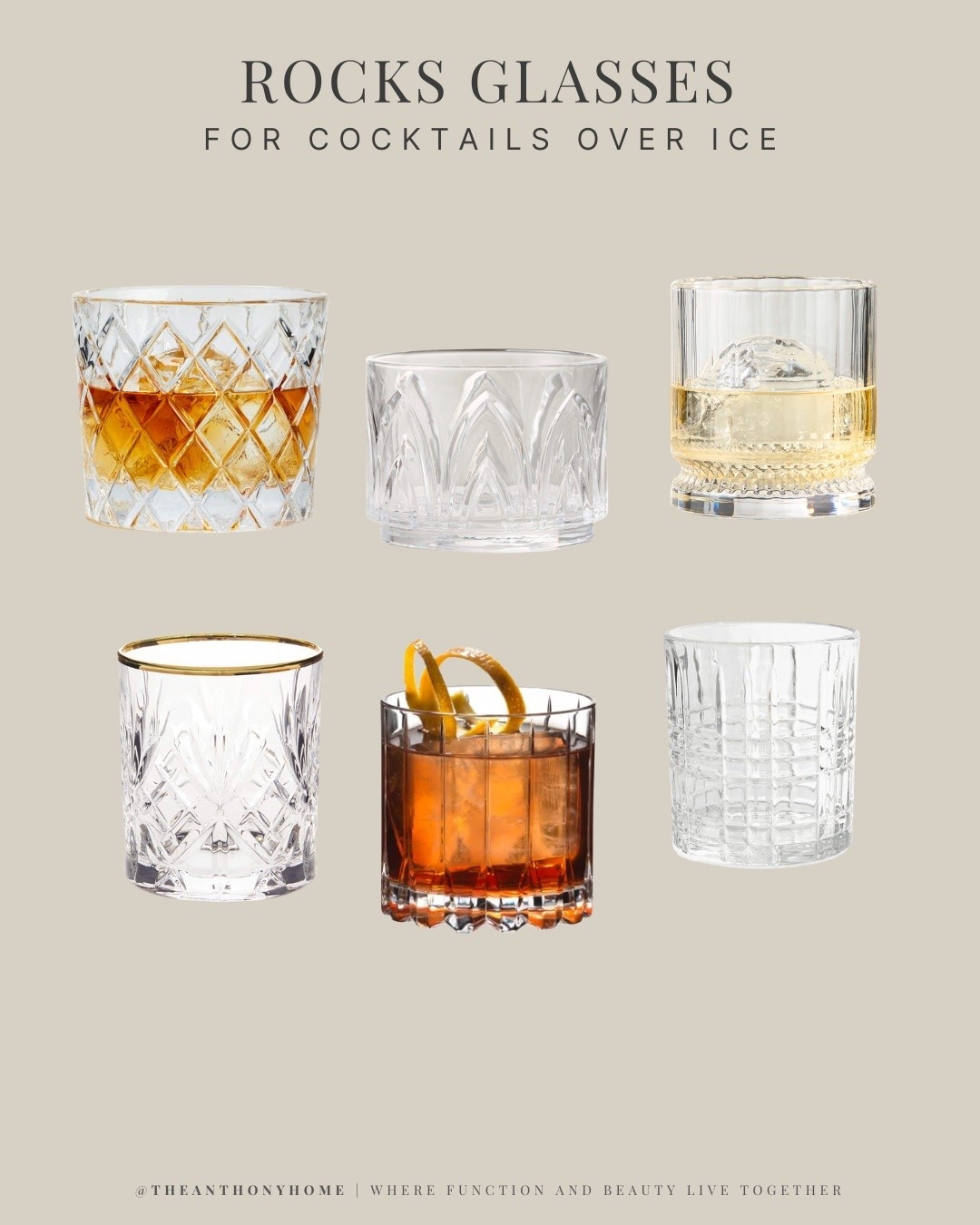 Rocks glasses for old fashioneds, margaritas, whiskey drinks, and any cocktail served over ice. 

I especially love cut-glass, etched, and gold-rimmed styles because they add detail without feeling overly formal. 

Some of my glasses are exact current pieces, while others were collected secondhand over many years, so I linked the closest dupes I could find.

#LTKHome #LTKfoodie