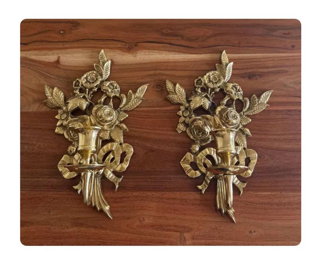 Vintage Brass Floral Wall Candle Sconce With Bow Hollywood Regency - Etsy | Etsy (US)