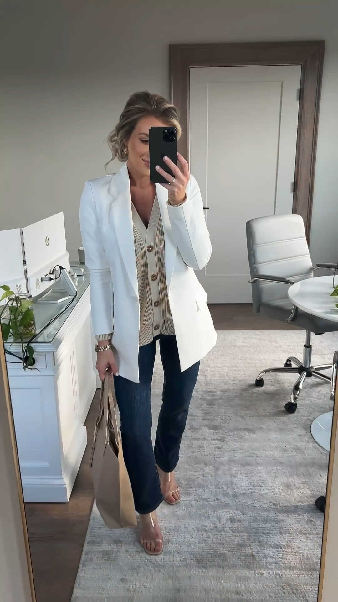 White blazer with jeans office outfit 🫶🏻 this is such a good transitional business casual outfit going into spring! Also, obsessed with this white blazer! Wearing XXS. Size 26/2 in jeans. 

Business casual outfits, blazer with jeans 

#LTKWorkwear #LTKootd
