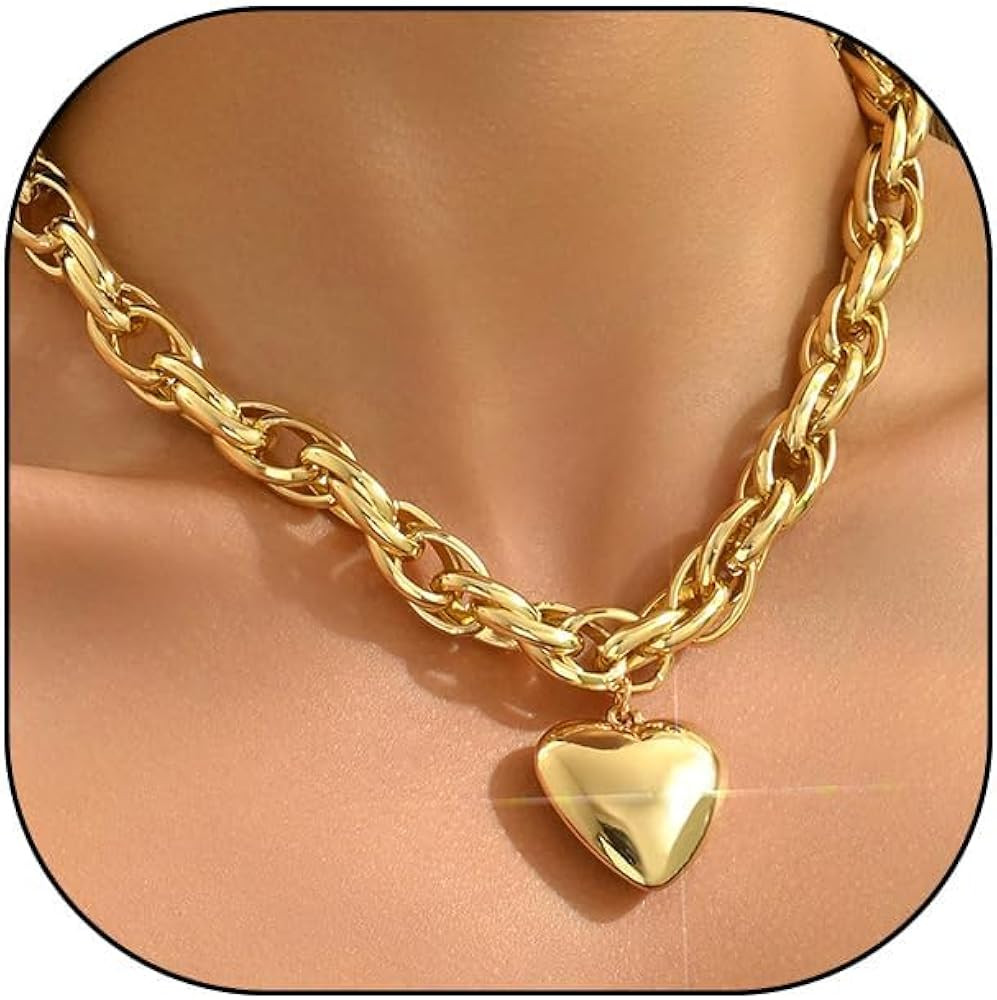 Chunky Gold Heart Necklace for Women,Y2K Big Heart Statement Necklace Long Puffy Hearts Chain Cha... | Amazon (US)