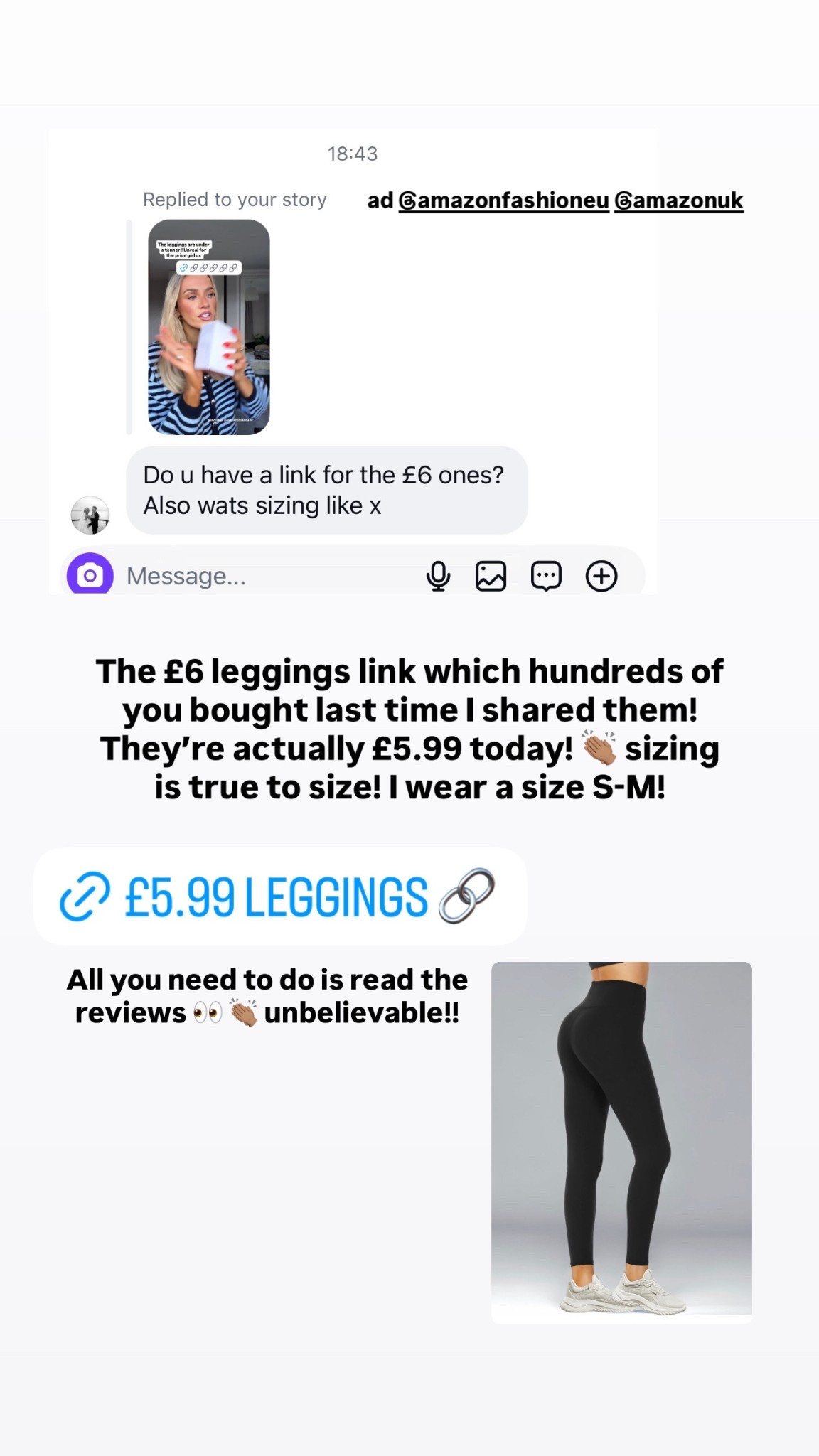 The best Amazon leggings!!! On offer for £5.99! True to size!! Snap them up whilst their so cheap my babes!!!! 

#ltkamazon 
#amazon 
#amazonfashion 

#LTKuk #LTKspring #LTKsale