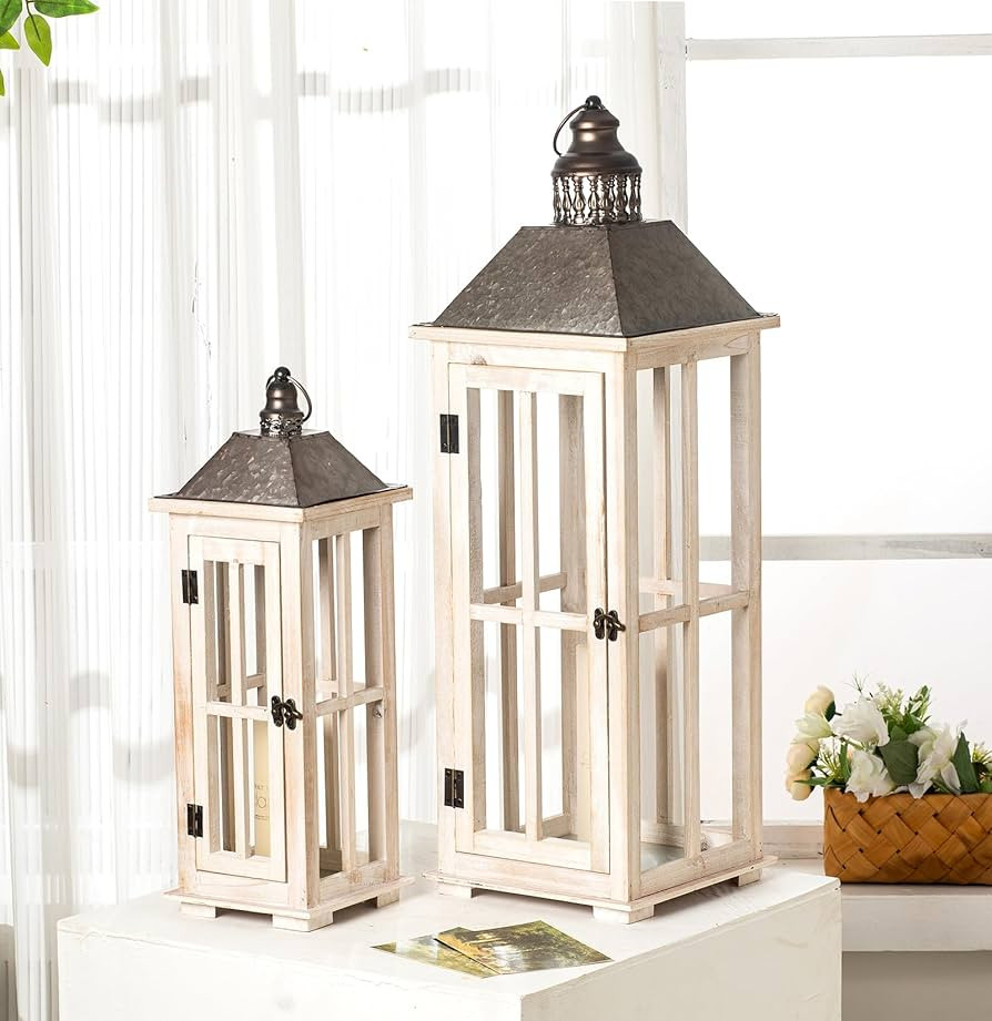 TIMRIS Large Rustic Wooden Decorative Lantern Set of 2, Modern Farmhouse Distressed Whitewash Flo... | Amazon (US)