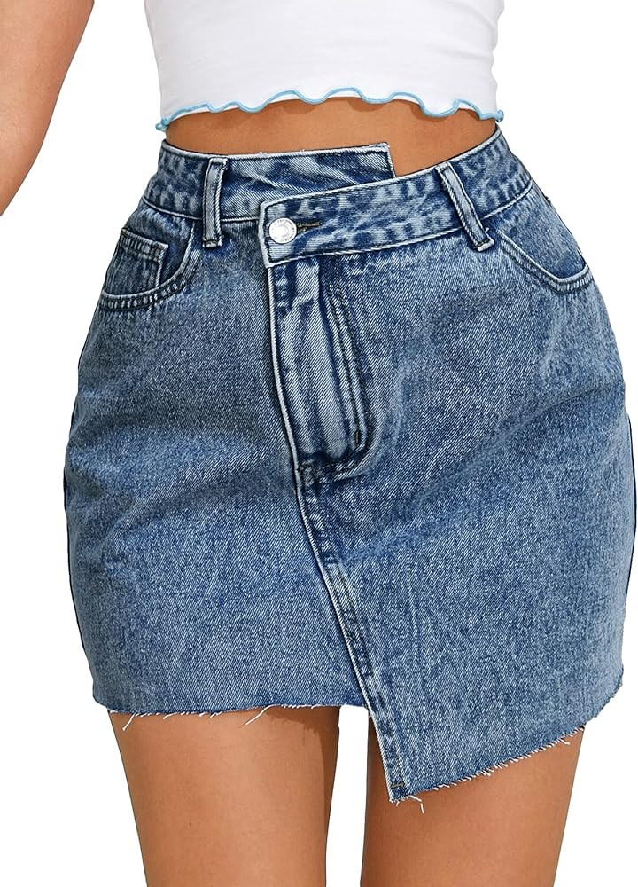 Floerns Women's Casual Asymmetrical Waist Jeans Skirt Raw Trim Denim Skirt | Amazon (US)