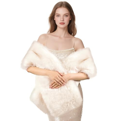 FeelfunFeather Women's Faux Fur Shawl, Long Winter Warm Scarf Shawl for Bridal Wedding Party Festive Celebrations Christmas(1.8m)-Ivory | Amazon (US)