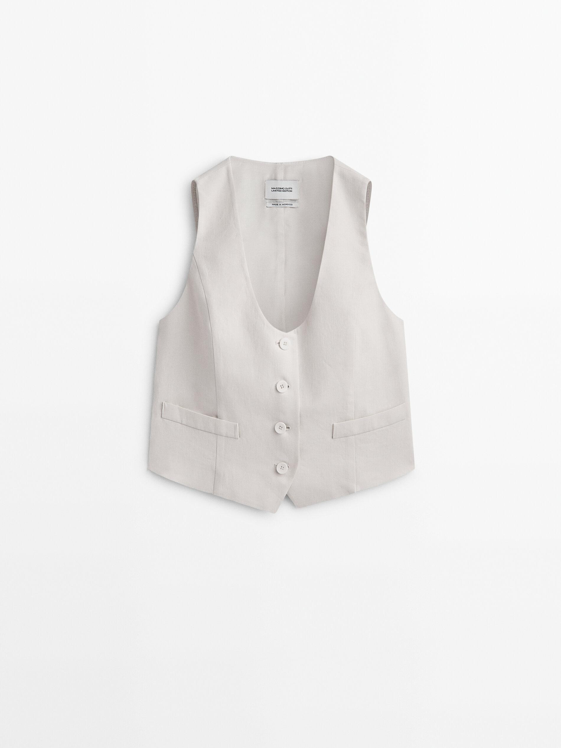 100% linen cropped waxed waistcoat | Massimo Dutti US