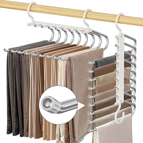 Upgrade 9 Layers Pants Hangers Space Saving, 2 Pack Pant Hangers Organizer Multifunctional Pants Rack Space Saver Closet Organizers and Storage Hangers for Pants Jeans Leggings Trousers Skirts, White | Amazon (US)