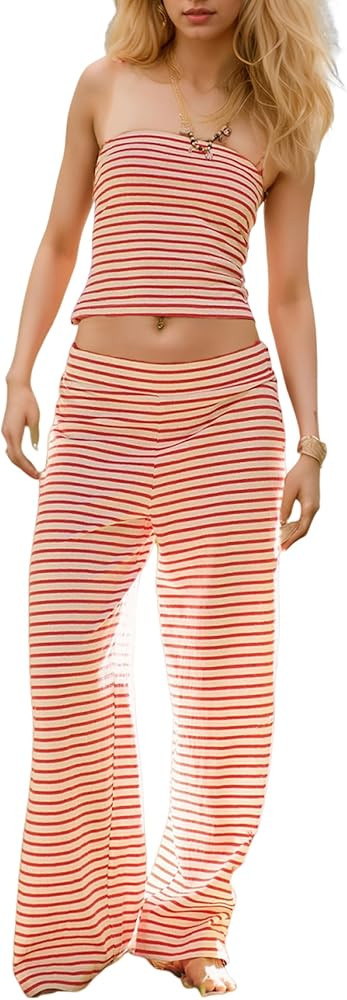 Womens 2 Piece Sets Cute Strapless Tube Tops Striped Wide Leg Pants Comfort Lounge Set | Amazon (US)