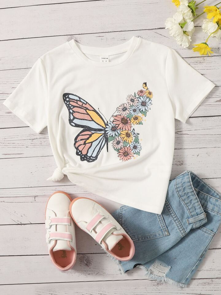 SHEIN Kids EVRYDAY Girls Butterfly & Floral Print Tee | SHEIN