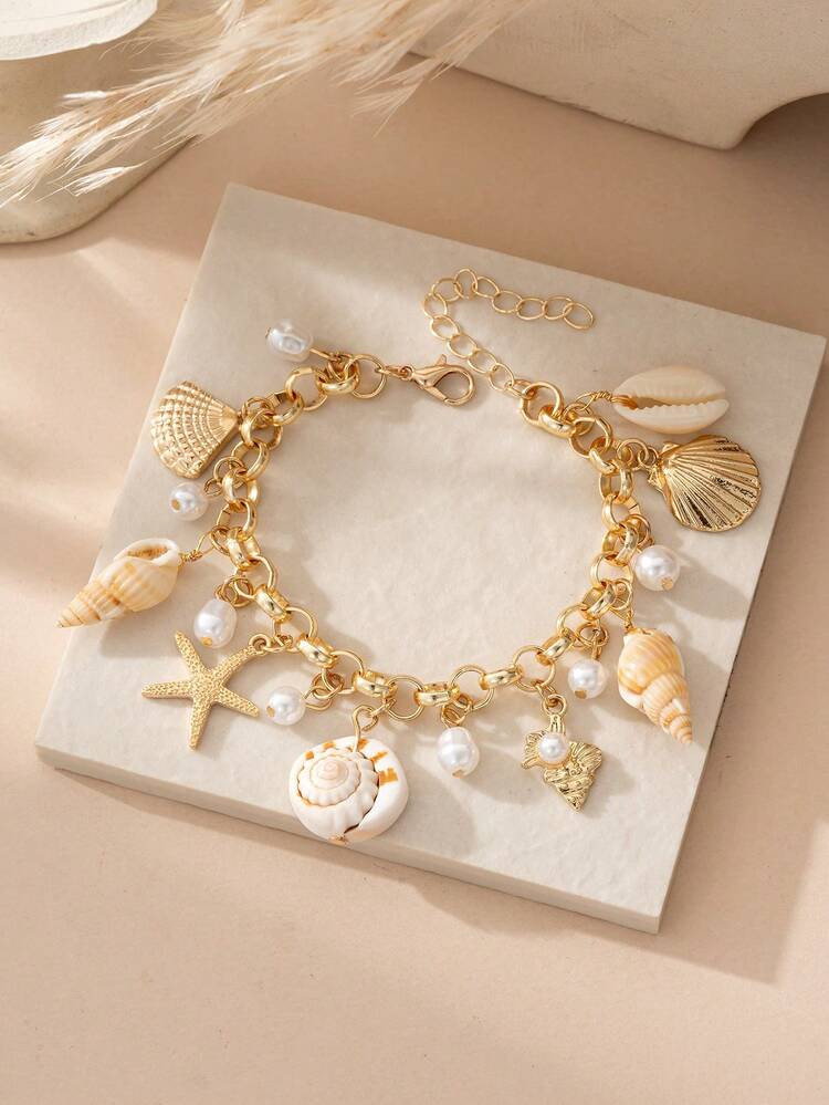 1pc Ocean Theme Starfish, Shell, Pearl Charm Bracelet, Fashionable Multilayer Pendant Bracelet Suitable For Women Beach Party Holiday Wear (Handmade Item, Color & Size May Vary Slightly) | SHEIN