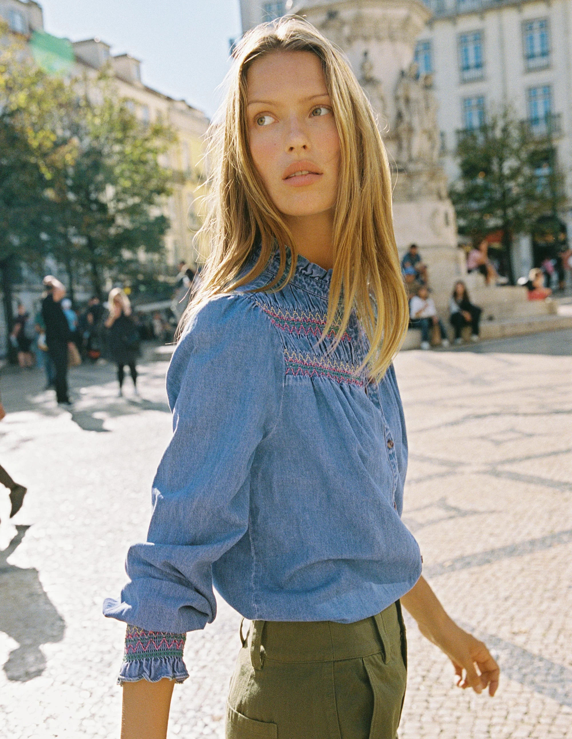 Esme Smocked Denim Frill Top-Light Vintage | Boden (US)