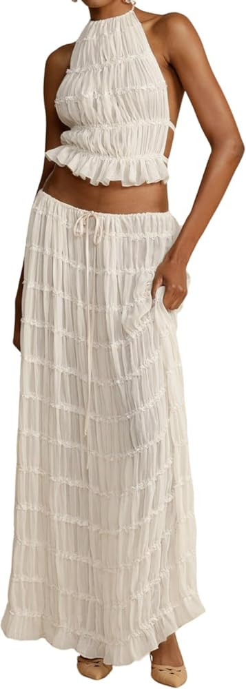 Two Piece Summer Sets for Women Sexy Flowy Maxi Skirt Set Y2k Lace Halter Crop Tank Top and Bodyc... | Amazon (US)