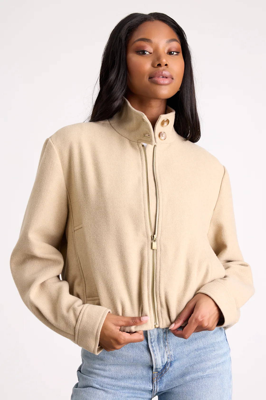 Jinora Light Beige Zip-Front Bomber Jacket | Lulus