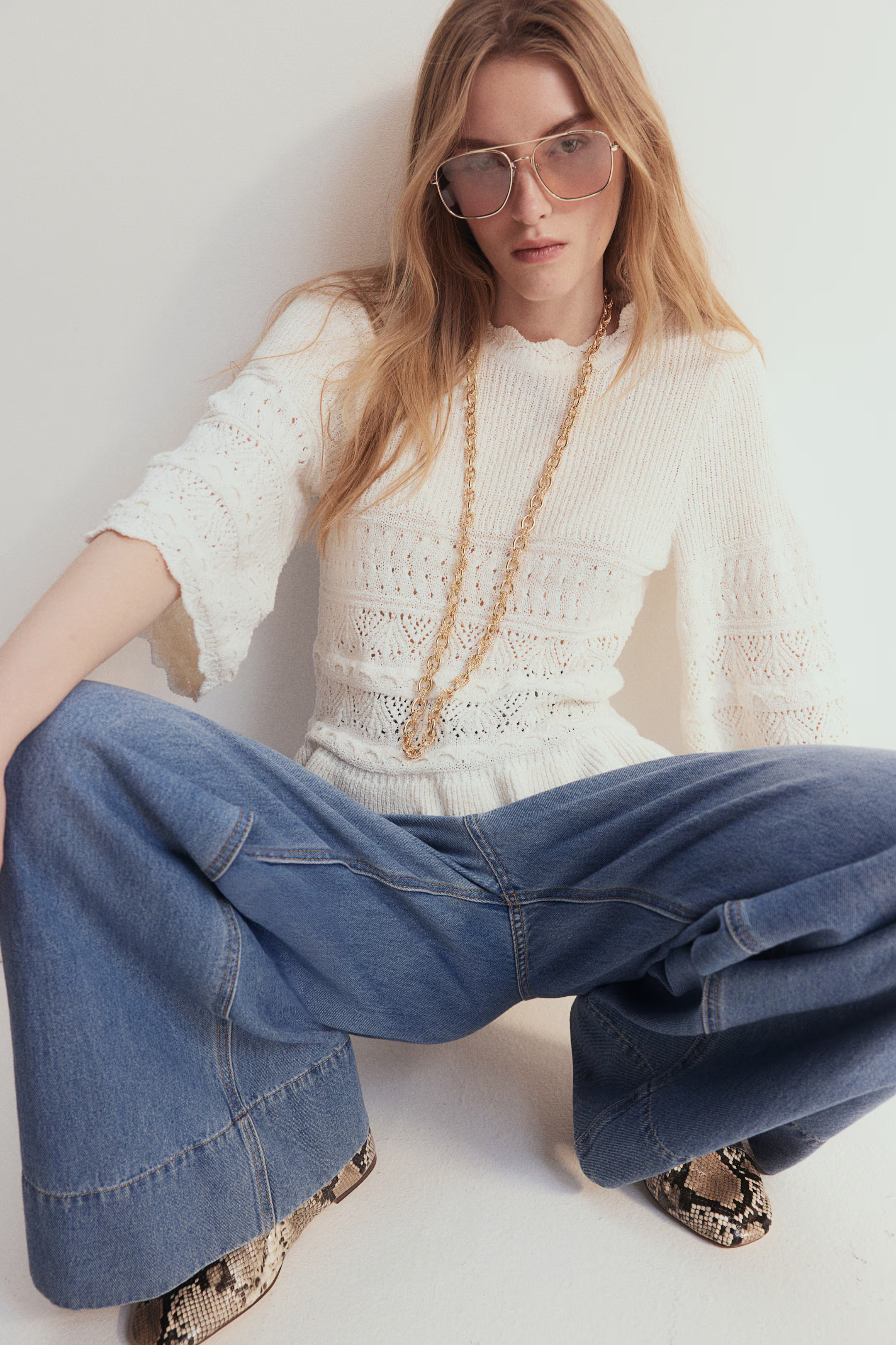 Frill-trimmed pointelle-knit jumper - Cream - Ladies | H&M GB | H&M (UK, MY, IN, SG, PH, TW, HK)