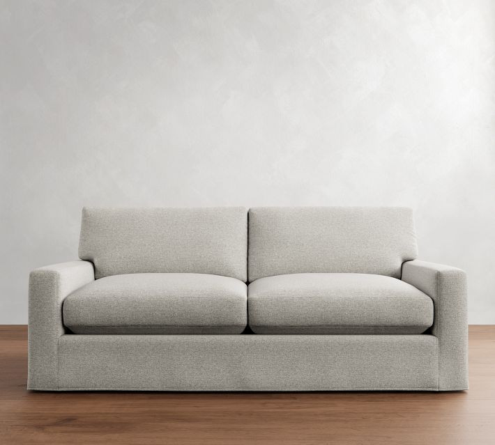 PB Comfort Modern Square Arm Slipcovered Sofa 77.5"" 3-Seater, Down Blend Wrapped Cushions, Performance Brushed Basketweave Indigo | Pottery Barn (US)