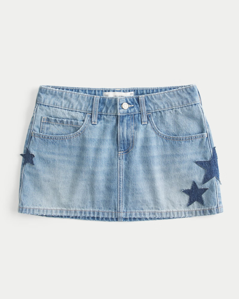 Women's Low-Rise Medium Wash Star Applique Denim Mini Skort from Hollister | Hollister (US)