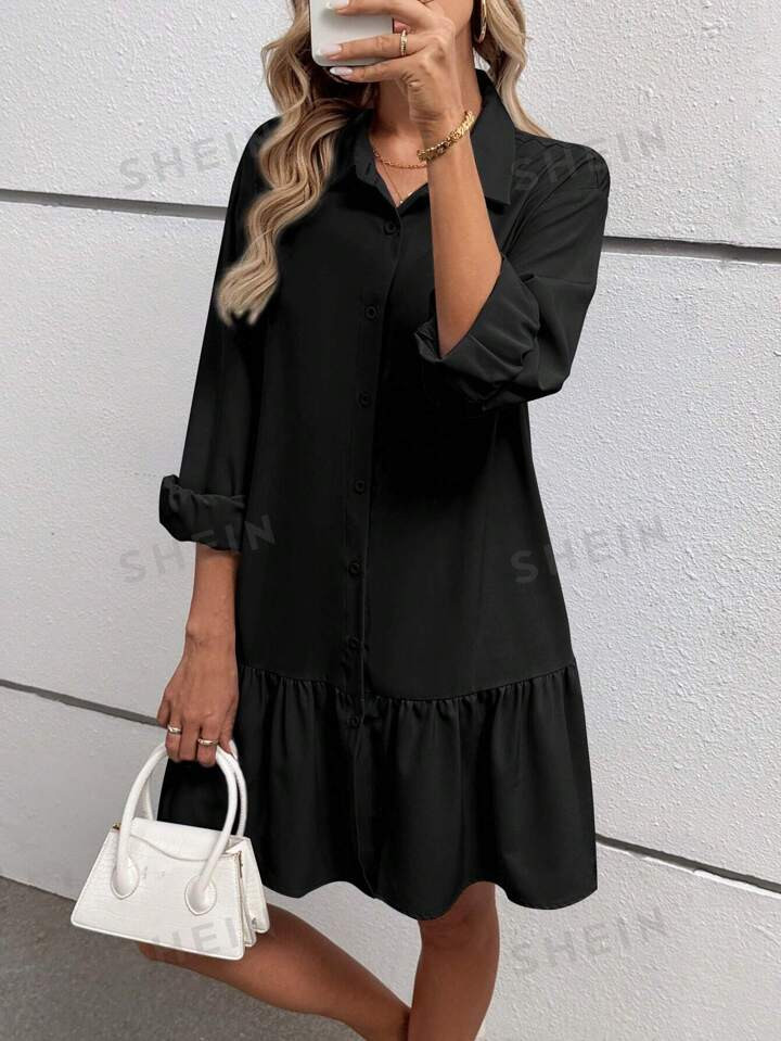 SHEIN LUNE Women's Casual Solid Color Button-Front Shirt Dress, Spring & Autumn | SHEIN USA | SHEIN