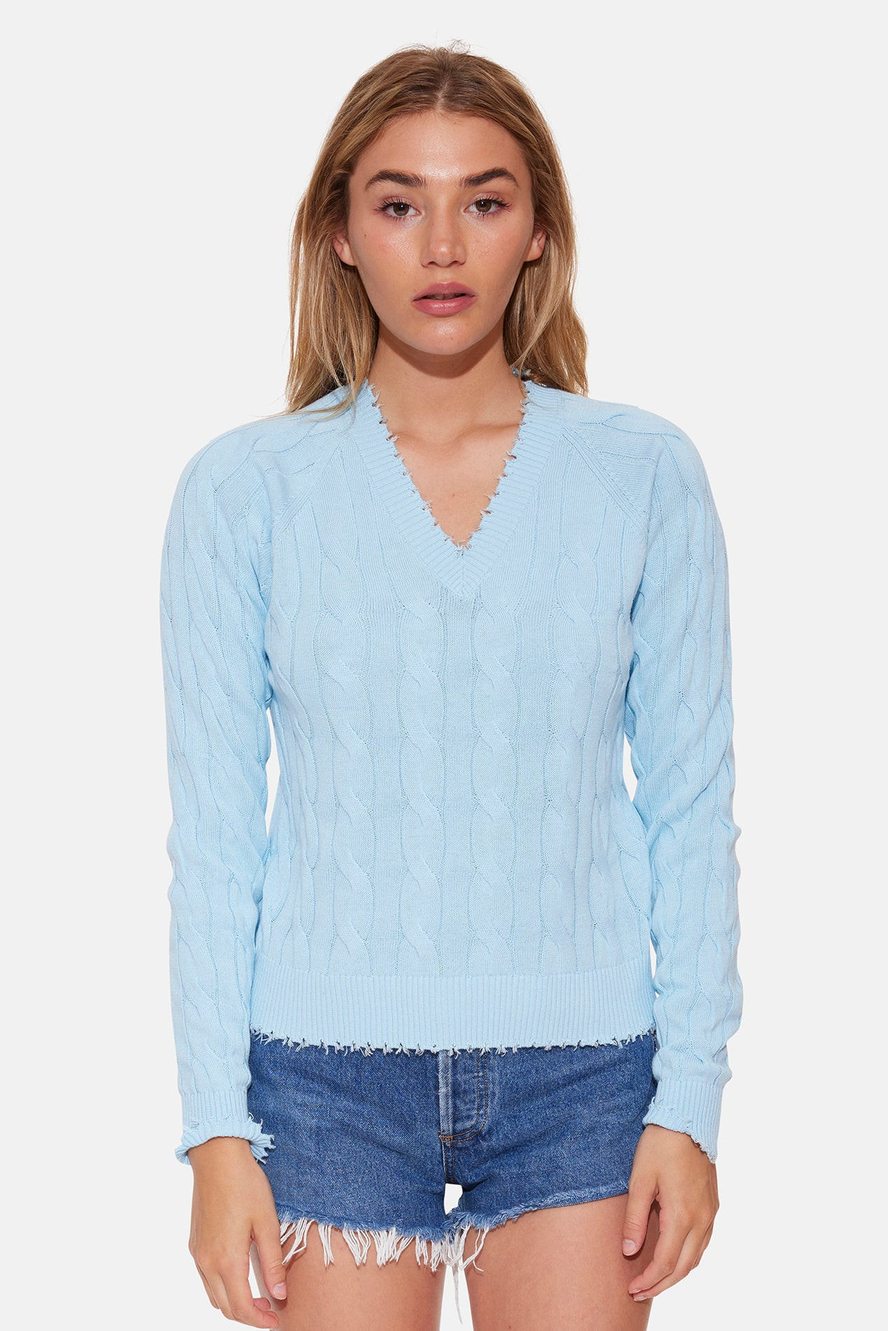 Amber Cable V Neck Sweater Summer Song | Blue & Cream