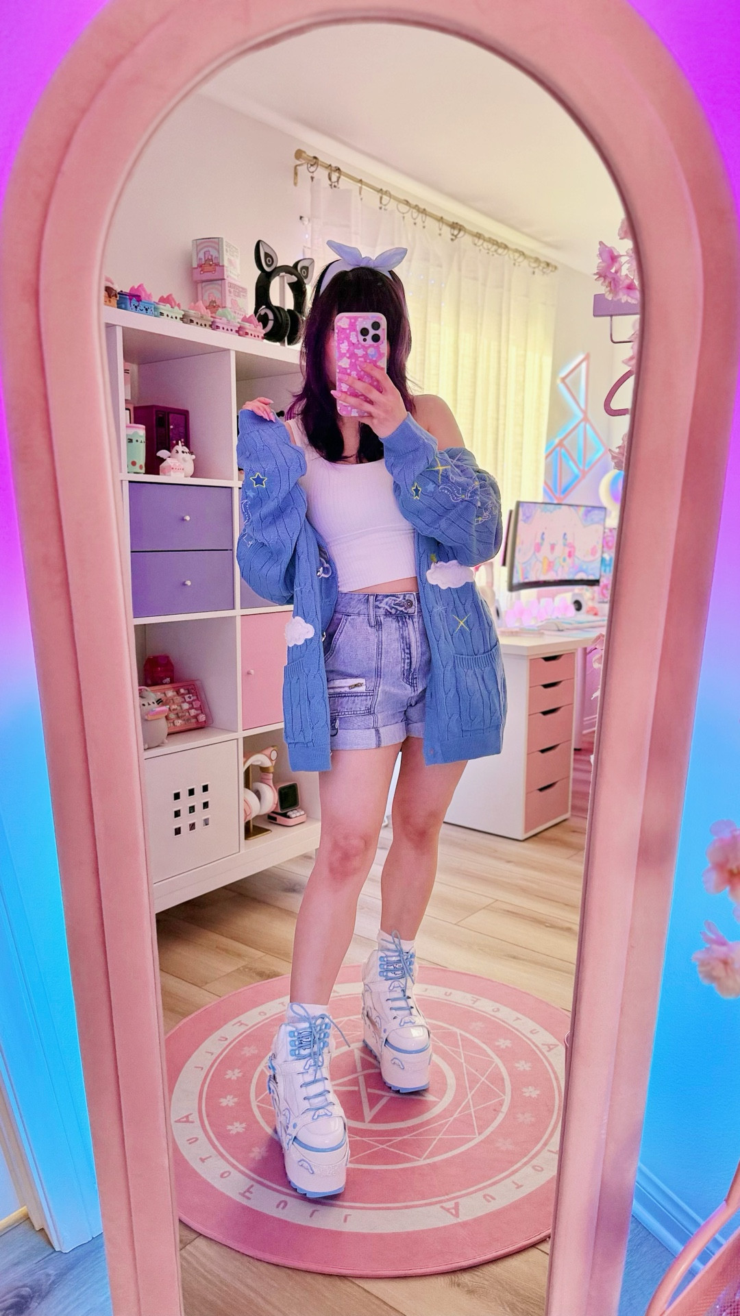 Cozy Sanrio outfit~ 🩵✨☁️ This slouchy Cinnamoroll cloud knit cardigan with high-waisted denim shorts and YRU Qozmo platform sneakers is perfect for a summer-into-fall layering outfit! Light and airy for warm days, but super easy to layer as it gets cooler in the evening. ☀️🍂 Linked the full look + pink wardrobe corner setup 💕 plus a few cute alternatives!

#LTKSeasonal #LTKShoeCrush #LTKPetite