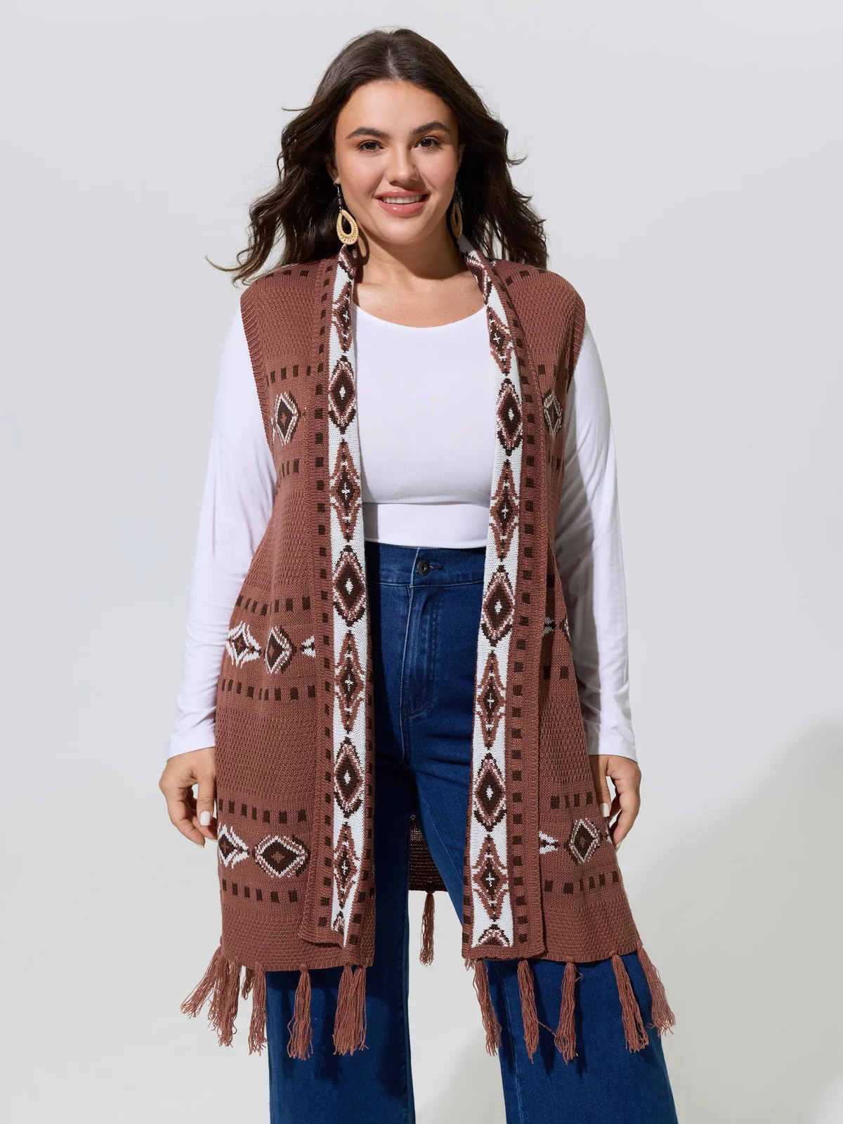 Geometric Jacquard Fringe Hem Sweater Vest | Bloomchic