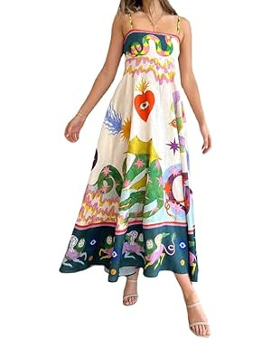 Women Boho Graffiti Cami Long Dress Graphic Spaghetti Strap Flowy Swing Maxi Dress Colorful A Lin... | Amazon (US)
