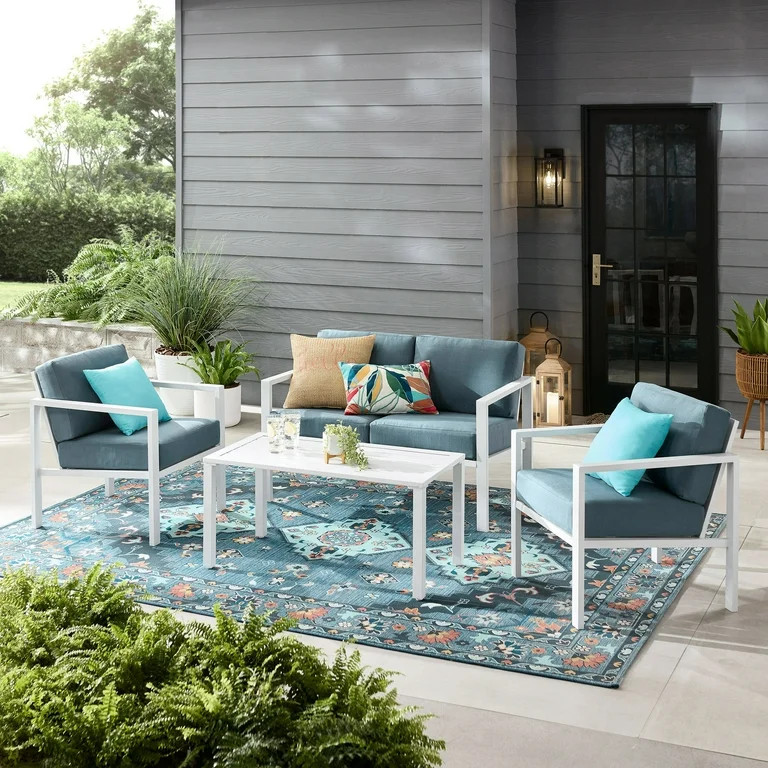Mainstays Dashwood 4-Piece Outdoor Patio Conversation Set, Seats 4, Blue | Walmart (US)