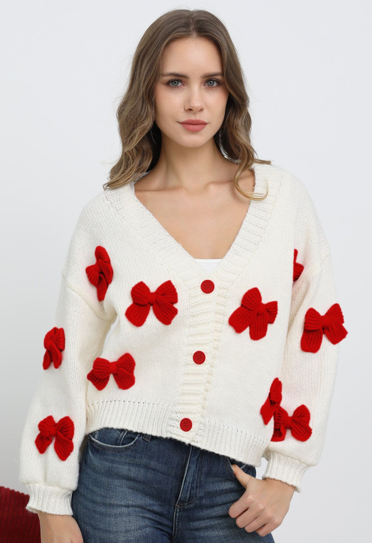 Fetchingly 3D Bowknot Buttoned Chunky Knit Cardigan in Red | Chicwish