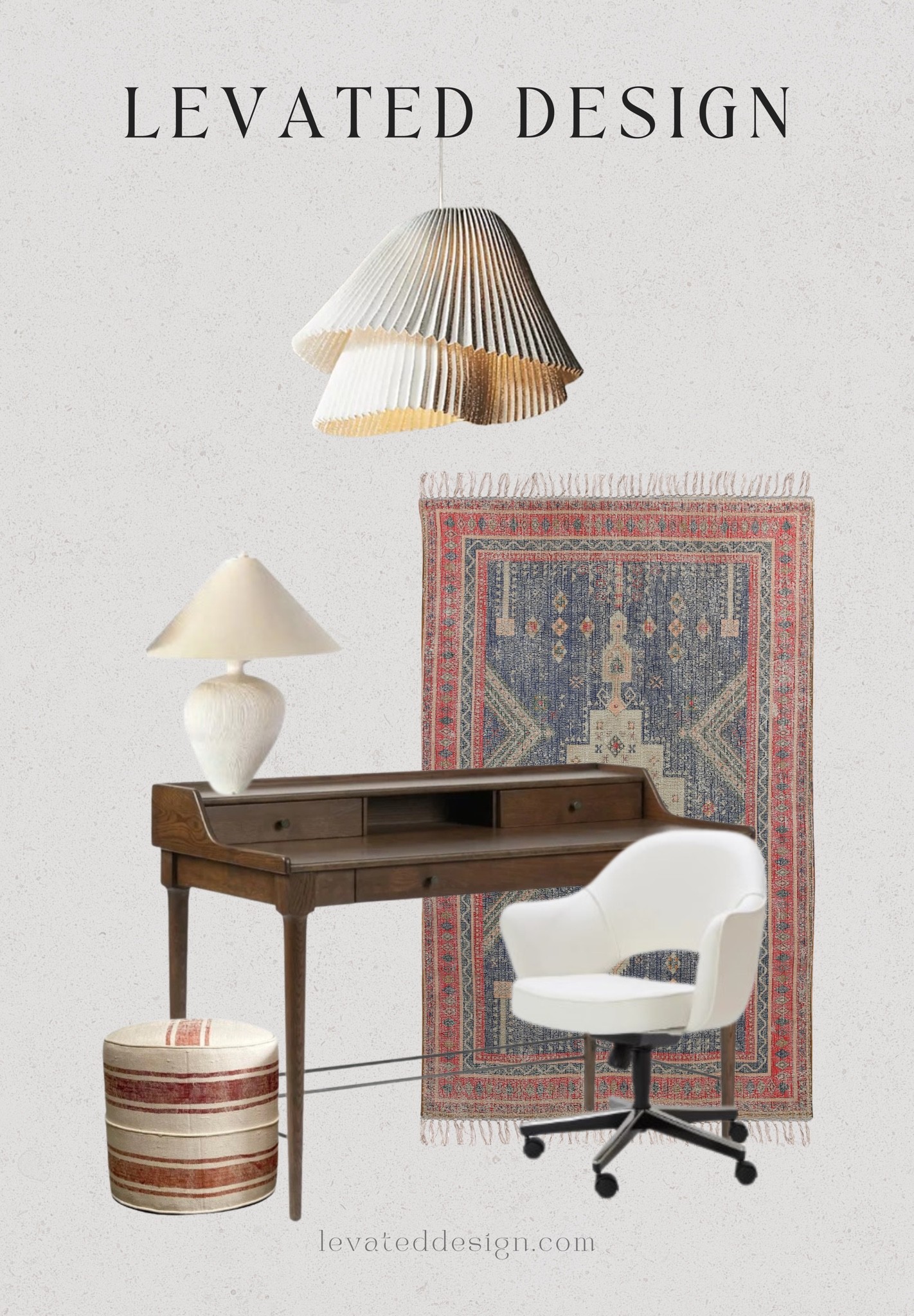 Cozy and chic home office style with vintage looking desk, office chair, ottoman, table lamp, unique pendant light and a vintage looking rug 

#LTKhome